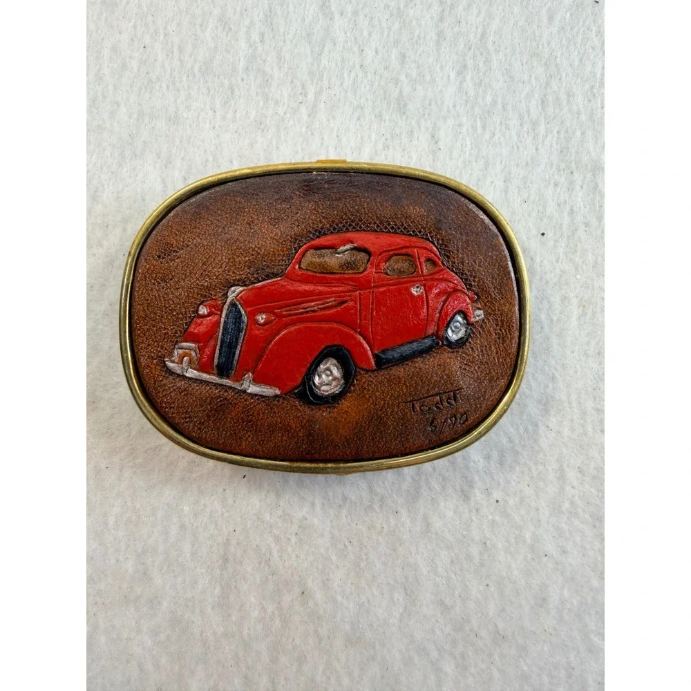 Vintage Todd 1990 Hand Tooled Leather Red Car Solid Brass Belt Buckle Signed